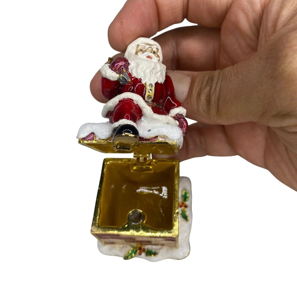 Enameled Bejeweled Santa on Chimney Jewelry Trinket Box collectable - Picture 9 of 11